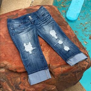 Almost Famous Distressed Dark Blue Cropped summer Jeans 9